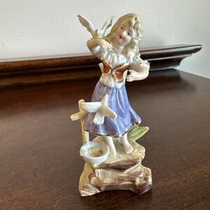 4" Bud Vase Figurine Girl W/ Wheelbarrow FULL Of Flowers Vintage